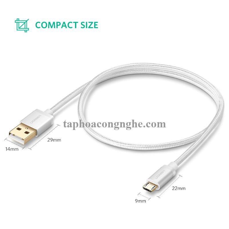 Ugreen 30654 0.5M màu Trắng Cáp sạc truyền dữ liệu USB 2.0 sang MICRO USB đầu mạ vàng US134 30030654
